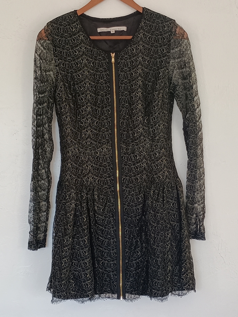 Rachel Roy Black Lace Gold Zip-Front Long Sleeve Dress